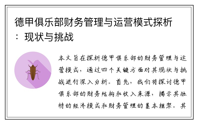 德甲俱乐部财务管理与运营模式探析：现状与挑战