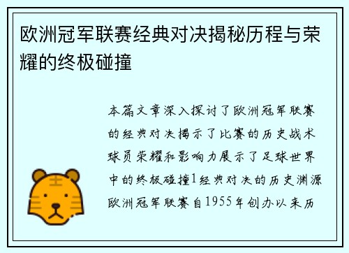欧洲冠军联赛经典对决揭秘历程与荣耀的终极碰撞